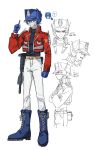  1boy ^_^ belt black_sweater blue_boots blue_eyes blue_hat boots clenched_hand closed_eyes gun hat highres holstered humanization jacket kienai_11 looking_at_viewer male_focus mask mouth_mask multiple_views open_mouth optimus_prime pants pointing pointing_up red_jacket smile speech_bubble sweater transformers transformers:_generation_1 weapon white_background white_pants yellow_belt 