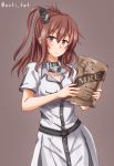  anti_(untea9) belt blouse blue_eyes blush breasts brown_hair cleavage closed_mouth commentary_request dress eyebrows_visible_through_hair grey_belt grey_neckwear hair_between_eyes highres kantai_collection large_breasts long_hair looking_at_viewer mre neckerchief ponytail purple_background remodel_(kantai_collection) saratoga_(kantai_collection) short_sleeves side_ponytail simple_background smokestack_hair_ornament solo twitter_username unamused upper_body white_blouse white_dress 