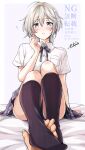  1girl absurdres anastasia_(idolmaster) black_socks blue_bow blue_bowtie blue_eyes blush bow bowtie breasts checkered_clothes checkered_skirt grey_hair grey_skirt hair_between_eyes hand_on_another&#039;s_foot highres idolmaster idolmaster_cinderella_girls looking_at_viewer medium_breasts open_mouth popon_ta shirt short_hair signature sitting skirt socks thighs watermark white_shirt 
