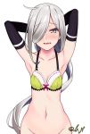  armpits asashimo_(kantai_collection) black_gloves black_triangle_(artist) breasts commentary_request elbow_gloves eyebrows_visible_through_hair fang fangs gloves grey_eyes grey_hair groin hair_between_eyes highres kantai_collection long_hair looking_at_viewer no_panties ponytail simple_background small_breasts solo underwear white_background 