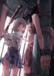  3girls against_pillar arms_behind_back backlighting bag_over_head bare_shoulders baseball_bat blood blood_on_clothes blood_on_face blue_eyes blue_skirt bound bound_arms bra breasts cowboy_shot empty_eyes grey_hair guro highres holding holding_weapon huyunokure indoors long_sleeves multiple_girls murder original plaid_clothes plaid_skirt pleated_skirt red_skirt restrained rope school_uniform shirt short_hair skirt small_breasts stationary_restraints underwear weapon white_bra white_shirt window 