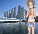  1girl antenna_hair brown_eyes brown_hair city collarbone female horizon iizuka_yuzu legs ocean open_mouth sakura_trick scan short_hair skirt sky solo tank_top water waving 