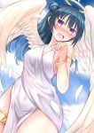  angel angel_wings armlet ayame_shino bad_id bad_pixiv_id bangs blue_hair blush bracelet commentary_request covered_navel dress feathered_wings feathers halo hand_up highres jewelry long_hair looking_at_viewer love_live! love_live!_sunshine!! nose_blush open_mouth pelvic_curtain purple_eyes side_bun solo thighlet tsushima_yoshiko white_dress white_feathers white_wings wings 