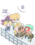  1girl 3boys black_dress black_hair black_shirt blonde_hair blue_jacket breasts chain chibi cleavage dark-skinned_female dark_skin dress duel_monster english_commentary english_text exodia_the_forbidden_one genderswap genderswap_(mtf) green_hair green_jacket highres insector_haga jacket jonouchi_katsuya long_hair medium_hair millennium_puzzle multicolored_hair multiple_boys muto_yugi purple_eyes purple_hair shirt speech_bubble spiked_hair strapless strapless_dress very_long_hair yu-gi-oh! yu-gi-oh!_duel_monsters zackpyo 