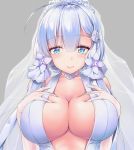  ahoge alternate_costume awa_yume azur_lane bangs blue_eyes blush breast_press breasts bridal_veil choker cleavage collarbone commentary_request dress elbow_gloves eyebrows_visible_through_hair flower gloves hair_flower hair_ornament hair_ribbon hands_on_own_chest illustrious_(azur_lane) large_breasts long_hair looking_at_viewer low_twintails mole mole_under_eye no_bra ribbon smile solo tress_ribbon twintails upper_body veil white_dress white_gloves white_hair 