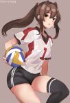  1girl ball black_shorts black_thighhighs brown_eyes brown_hair grey_background highres holding holding_ball jersey kantai_collection long_hair miron_(mirona33) ponytail shirt short_sleeves shorts simple_background single_thighhigh solo sportswear thighhighs twitter_username volleyball_(object) volleyball_uniform white_shirt yamato_(kancolle) 