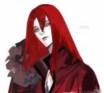  1boy dated doktor-nacht fate/grand_order fate_(series) fur_trim highres long_hair looking_at_viewer male_focus red_hair red_shirt shirt simple_background solo tristan_(fate) unusually_open_eyes upper_body white_background yellow_eyes 