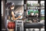  apron breasts commentary_request cooking cowboy_shot door eyebrows_visible_through_hair highres jar kantai_collection kitchen long_hair looking_at_viewer medium_breasts orange_eyes oven ponytail purple_scrunchie school_uniform scrunchie seitei_(04seitei) shirt signature sink skirt sleeveless sleeveless_shirt smile solo thermometer very_long_hair window yahagi_(kantai_collection) 