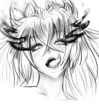  animal_ears burning_eyes eyebrows_visible_through_hair fang greyscale hellhound highres licking_lips loen-lapae looking_at_viewer monochrome monster_girl_encyclopedia open_mouth portrait sketch slit_pupils solo tongue tongue_out wolf_ears 