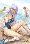  1boy 2girls beach commentary dated day elpeo_puru gundam gundam_zz highres horizon judau_ashta long_hair medium_hair multiple_girls okrdisk2000 one-piece_swimsuit orange_hair purple_eyes purple_hair roux_louka sand shore shorts sitting swimsuit very_long_hair water 