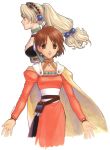  90s atelier_(series) atelier_elie atelier_marie blonde_hair brown_eyes brown_hair closed_mouth dress elfir_traum expressionless headdress long_hair looking_at_viewer low-tied_long_hair marie_(atelier) multiple_girls no_hat no_headwear official_art orange_dress ponytail profile short_hair signature simple_background twintails white_background yamagata_isaemon yellow_cape 