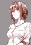  bangs brown casual commentary_request eyebrows_visible_through_hair girls_und_panzer grey_background highres long_sleeves looking_at_viewer monochrome napata nishizumi_maho parted_lips shirt short_hair sketch smile solo striped striped_shirt upper_body 