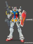  arata_(arata333333) armor artist_name bazooka_(gundam) beam_rifle blue_armor blue_eyes commentary energy_gun english_commentary fake_horns full_body gun gundam gundam_gquuuuuux hand_up helmet highres holding holding_gun holding_shield holding_weapon horned_helmet horns looking_at_viewer mecha mecha_focus mobile_suit multicolored_armor no_humans red_armor redesign riot_shield robot rocket_launcher rx-78-2_gundam shield solo standing sword sword_on_back twitter_username v-fin weapon weapon_on_back white_armor 