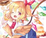  ;d alternate_costume blonde_hair bow bowtie brown_jacket bubble_background buttons candy commentary_request crepe doughnut drinking_straw eyebrows_visible_through_hair eyes_visible_through_hair fang fingernails flandre_scarlet food fruit gem hair_ribbon holding holding_food jacket konpeitou long_fingernails long_sleeves looking_at_viewer macaron medium_hair mimi_(mimi_puru) one_eye_closed one_side_up open_mouth pancake plaid_neckwear pon_de_ring red_eyes red_neckwear red_ribbon ribbon school_uniform shirt smile smoothie solo strawberry sweets tongue touhou upper_body white_background white_shirt wings 