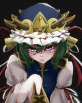  1girl asymmetrical_hair black_background black_hat closed_mouth commentary green_hair hat holding kharuhi9637 looking_at_viewer rod_of_remorse shiki_eiki short_hair simple_background solo touhou upper_body 