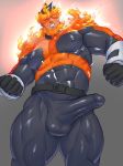  1boy abs bara black_hair boku_no_hero_academia bulge crotch endeavor_(boku_no_hero_academia) erection fire gloves male_focus muscle pecs penis solo tagme testicles 