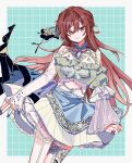  1girl aketa_mikoto asymmetrical_legwear asymmetrical_sleeves blush border breasts brown_hair butterfly_hair_ornament commentary_request fingernails gem grid_background hair_ornament highres idolmaster idolmaster_shiny_colors large_breasts long_hair looking_at_viewer mismatched_legwear mismatched_sleeves navel okome_(evur2724) see-through_clothes see-through_sleeves skirt solo very_long_hair white_border white_skirt 