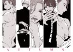  ;d a3! back belt collarbone dimples_of_venus furuichi_sakyo fushimi_omi grin hips hyodou_juuza kitazawa_k looking_at_viewer male_focus multiple_boys nanao_taichi one_eye_closed open_mouth parted_lips pectorals settsu_banri shirtless short_hair smile tongue tongue_out undressing upper_body 