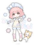  1girl :o ahoge animal apron artist_name ascot blue_bow blue_flower blue_gloves blue_hat blue_shirt blue_shorts bob_cut boots bow bow_apron bowtie brooch brown_eyes bubble_print bye-bye_dust_(infinity_nikki) cat chibi chinese_commentary cloak clothed_animal collared_shirt commentary_request copyright_name copyright_notice dot_nose ear_covers eyelashes flower frilled_headwear gloves hair_brush hat hat_bow highres holding holding_brush hood hood_up hooded_cloak infinity_nikki jewelry knee_boots leg_up light_blush mob_cap momo_(nikki) multicolored_boots navel nikki_(series) open_mouth outline paw_print pink_boots pink_flower pink_hair pocket pom_pom_hat_ornament puffy_short_sleeves puffy_sleeves red_bow red_bowtie rubber_boots shirt short_hair short_sleeves shorts smile sparkle standing two-tone_boots whiskers white_ascot white_background white_bow white_cat white_outline white_sleeves yellow_apron yellow_boots yellow_cloak zhike_tangjiang 