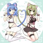  ;3 animal_ears bad_id bad_pixiv_id bangs bare_shoulders black_bow black_skirt blue_eyes blue_hair blush bow breasts cat_ears cat_girl cat_tail cleavage closed_mouth crop_top eighth_note eyebrows_visible_through_hair garter_straps ghost_tail green_eyes green_hair hair_between_eyes hair_bow hair_rings heart heart_tail_duo highres himetsuki_luna kaku_seiga kemonomimi_mode kneeling leg_garter long_hair medium_breasts multiple_girls musical_note no_shoes paw_pose pink_bow see-through skirt soga_no_tojiko spoken_heart spoken_musical_note tail thighhighs touhou white_legwear white_skirt wrist_cuffs 