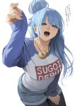  1girl alternate_costume aqua_(konosuba) black_pantyhose blue_eyes blue_hair blush check_translation coin coin_on_string collarbone commentary_request cosplay denim denim_shorts fingernails hair_bun highres holding holding_pendulum izawa_(bhive003) kono_subarashii_sekai_ni_shukufuku_wo! long_hair long_sleeves looking_at_viewer pantyhose pantyhose_under_shorts pendulum raglan_sleeves shorts simple_background single_hair_bun smile solo sugoi_dekai translation_request uzaki_hana uzaki_hana_(cosplay) very_long_hair white_background 