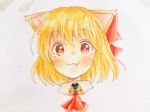  :3 absurdres animal_ears ascot bell blonde_hair blush cat_ears collar commentary_request fang hair_ribbon highres jingle_bell kemonomimi_mode looking_at_viewer moto_mania portrait red_eyes red_neckwear red_ribbon ribbon rumia short_hair simple_background solo tareme texture touhou traditional_media wing_collar 