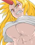  abs angry blonde_hair bouncing_breasts breasts clenched_teeth commentary_request horn hoshiguma_yuugi kieeyo large_breasts long_hair looking_at_viewer no_bra red_eyes shirt solo stomach teeth touhou underboob v-shaped_eyebrows white_shirt 