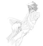  2girls blush bottomless bracelet clothes_lift covering_own_mouth cunnilingus female_pubic_hair greyscale hand_on_another&#039;s_head hand_on_another&#039;s_thigh heart-shift_bracelets highres jewelry jiguang_haibao koishikawa_iko long_hair momijiyama_teru monochrome multiple_girls navel off_shoulder oral pubic_hair shirt_lift short_hair shy_(series) simple_background sweat unworn_eyewear white_background yuri 