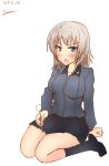  1girl angry black_skirt black_socks blue_eyes chikakei_(tsuki_no_chika_keikoku) collarbone collared_shirt cotton_swab frown girls_und_panzer grey_eyes grey_hair grey_shirt highres holding_cotton_swab itsumi_erika kneehighs kuromorimine_school_uniform long_hair miniskirt on_floor open_mouth pleated_skirt school_uniform seiza shirt signature sitting skirt socks white_background 