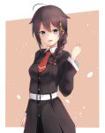  ahoge alternate_costume arm_at_side bangs belt black_coat blue_eyes blush braid breasts brown_hair buckle buttons clenched_hand coat collared_shirt hair_between_eyes hair_flaps hair_ornament hair_over_shoulder hair_ribbon hand_up highres jenson_tw kantai_collection long_hair looking_at_viewer md5_mismatch medium_breasts necktie open_mouth outside_border red_neckwear remodel_(kantai_collection) ribbon shigure_(kantai_collection) shirt sidelocks simple_background single_braid smile solo 