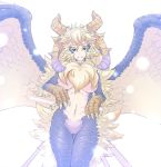  2017 animal_humanoid black_eyes blonde_hair blue_scales breasts capcom claws dragon_humanoid dunceneygak female hair hi_res horn humanoid looking_at_viewer monster_hunter nude pussy scales simple_background solo standing video_games white_background wings yellow_scales 