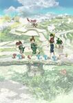 2boys 2girls bag blue_shirt brother_and_sister carmine_(pokemon) closed_mouth cloud corphish crossed_bangs day e_volution florian_(pokemon) green_shirt green_shorts hairband highres holding_hands juliana_(pokemon) kieran_(pokemon) multiple_boys multiple_girls outdoors paldean_wooper pokemon pokemon_(creature) pokemon_sv rice_paddy sandals shirt short_sleeves shorts siblings sky squatting standing strap walking wooper yanma yellow_eyes yellow_hairband 