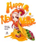  1girl closed_mouth commentary_request dated english_text floral_print flower from_side hair_flower hair_ornament happy_new_year highres ink japanese_clothes joshua2368 kimono long_sleeves looking_at_viewer looking_to_the_side new_year obi octoling orange_eyes orange_hair reaching_out red_flower sash simple_background smile solo splatoon splatoon_(series) splatoon_2 standing tentacle_hair white_background wide_sleeves yellow_kimono 