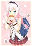  absurdres animal_ears azur_lane bad_id bad_pixiv_id bag bag_charm bangs beige_jacket black_bow black_hairband blue_eyes blush bow cat_ears character_name charm_(object) cowboy_shot eating eyebrows_visible_through_hair fingernails food fringe_trim hair_between_eyes hair_bow hairband hamburger hammann_(azur_lane) highres holding holding_food jacket kyuujou_komachi long_hair long_sleeves looking_at_viewer onigiri open_clothes open_jacket pink_scarf plaid plaid_skirt pleated_skirt polka_dot polka_dot_background red_skirt scarf school_bag shirt silver_hair skirt sleeves_past_wrists solo two_side_up very_long_hair white_shirt 