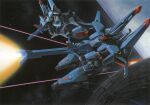  1980s_(style) artist_request battle beam_cannon beam_rifle box_art cable doven_wolf energy energy_beam energy_gun glowing gundam gundam_zz holding holding_weapon machinery mecha mecha_focus mobile_suit nebula neo_zeon no_humans official_art one-eyed pink_eyes promotional_art realistic retro_artstyle robot scan science_fiction solar_panel space space_habitat star_(sky) traditional_media weapon zero_gravity 