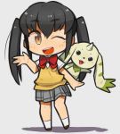  blush brown_eyes chibi creature crossover digimon horn ibara. long_hair looking_at_viewer namori_mana one_eye_closed school_girl_strikers school_uniform skirt smile terriermon twintails waving 