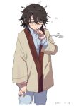  1girl blush brown_hair brushing_teeth closed_mouth collared_shirt cropped_legs dated glasses highres jacket long_sleeves momijiyama_teru n-villio semi-rimless_eyewear shirt short_hair shy_(series) simple_background solo takatisakana white_background 