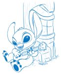  2018 4_fingers 4_toes alien animalqwacker blue_and_white claws disney experiment_(species) fur head_tuft holding_musical_instrument lilo_and_stitch monochrome pencil_(artwork) signature simple_background sitting smile solo stitch tiki toe_claws toes traditional_media_(artwork) tuft ukulele white_background 