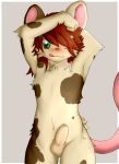  2018 anthro balls blush brown_fur brown_hair fur green_eyes grey_background hair log_(artist) looking_at_viewer male mammal mouse nude one_eye_closed penis red_nose rodent simple_background solo standing tongue tongue_out uncut 