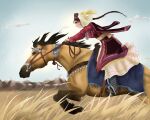  amir_halgal blue_sky boots braid braided_ponytail breasts brown_eyes brown_hair closed_mouth cloud cloudy_sky dress ear_piercing earrings grasslands highres holding horse horseback_riding ishicle jewelry kazakh_clothes kazakhstan lips long_hair looking_to_the_side medium_breasts mountain necklace otoyomegatari piercing ponytail red_dress riding saddle sky solo very_long_hair 