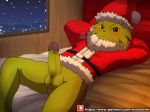  &gt;:3 :3 animal_humanoid anthro balls bed blush canine christmas clothed clothing cosplay dr._seuss erection fur green_fur green_penis grey_eyes grinch hat headgear hi_res holidays how_the_grinch_stole_christmas humanoid humanoid_penis inside jacket looking_at_viewer lying male mammal night on_back penis presenting presenting_penis smile snow solo winick-lim 