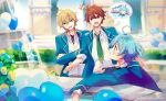  3boys blonde_hair blue_hair brown_hair ensemble_stars! male male_focus morisawa_chiaki multiple_boys outside shinkai_kanata water_fountain 