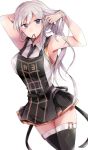  apron armpits azur_lane bangs bare_shoulders between_breasts black_neckwear blush breasts closed_mouth clothes_writing collared_shirt commentary_request cowboy_shot enterprise_(azur_lane) eyebrows_visible_through_hair eyes_visible_through_hair hair_between_eyes hair_tie hair_tie_in_mouth hand_in_hair hat highres large_breasts long_hair looking_at_viewer mikumo_shinden miniskirt mouth_hold necktie necktie_between_breasts peaked_cap purple_eyes shirt sidelocks silver_hair simple_background skirt sleeveless sleeveless_shirt smile solo thighhighs thighs tying_hair very_long_hair white_background white_shirt 