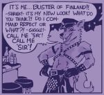 2021 anthro bar belt biped bottle bulge buster_wilde chaps clawheld clothing codpiece container ear_piercing ear_ring fangs furniture glass gloves handwear harness hat headgear headwear hi_res laugh leather leather_hat leather_headgear leather_headwear male piercing purple_background purple_text redraw restricted_palette ring_piercing simple_background solo speech_bubble stool studded_harness studded_underwear studs teeth text tom_of_finland