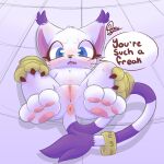 1:1 2025 3_fingers 3_toes absurd_res accessory anthro anus arustuff bandai_namco blue_eyes blush blush_lines bodily_fluids butt butt_from_the_front chest_tuft circle_eyebrows claws clitoris clothing cute_fangs dialogue digimon digimon_(species) digital_drawing_(artwork) digital_media_(artwork) dipstick_ears ear_markings english_text eyebrows eyelashes fangs feet female female_anthro finger_claws fingers fur furgonomics gatomon genital_fluids genitals gloves hands_on_legs handwear head_tuft hi_res jewelry legs_up looking_at_viewer lying multicolored_ears on_back open_mouth paw_gloves pawpads paws pussy ring semi-anthro signature simple_background solo speech_bubble spread_legs spreading tail tail_accessory tail_jewelry tail_ring talking_to_viewer teeth text toes tuft vaginal_fluids whiskers white_body white_fur