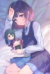  1girl bed_sheet blue_overskirt blue_ribbon blue_skirt blue_vest character_doll chibigurumi commentary_request gakuen_idolmaster hataya_misuzu hatsuboshi_gakuen_school_uniform highres idolmaster kaya_rinha looking_at_viewer lying miyanome mole mole_under_mouth neck_ribbon on_side pleated_skirt purple_eyes purple_hair ribbon school_uniform shirt short_hair skirt skirt_set solo tsukimura_temari vest watermark white_shirt 