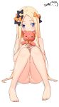  abigail_williams_(fate/grand_order) bangs barefoot black_bow blonde_hair blue_eyes blush bow collarbone covered_mouth fate/grand_order fate_(series) fingernails forehead hair_bow highres long_hair nude object_hug orange_bow parted_bangs pigeon-toed polka_dot polka_dot_bow ppshex pussy signature simple_background sitting solo stuffed_animal stuffed_toy teddy_bear toenails uncensored very_long_hair white_background 