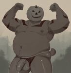 2024 anthro armpit_hair balls bear belly belly_hair biceps big_belly bodily_fluids body_hair butt chest_tuft clothed clothing clothing_aside dripping fist flaccid flexing flexing_bicep flexing_both_biceps food for_a_head fruit genital_fluids genitals halloween hi_res holidays jack-o&#039;-lantern jockstrap jockstrap_aside jockstrap_only male mammal manly moobs musclegut muscular navel nipples object_head overweight penis plant precum precum_drip pumpkin pumpkin_head pumpkin_mask solo standing striped_body stripes topless tuft underwear underwear_aside underwear_only vein veiny_penis zcdartz