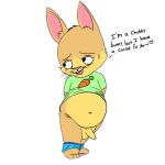 absurd_res anthro balls blush bottomwear bottomwear_down buckteeth clothed clothing clothing_lift dialogue erection foreskin genitals hands_behind_back hi_res lagomorph leporid male mammal navel open_mouth pants pants_down partially_clothed penis rabbit shirt shirt_lift slightly_chubby solo tapering_penis teeth topwear twerpishimp whiskers