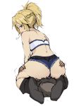 1girl ass ass_grab back bandeau belt black_footwear black_hair blonde_hair blush boots braid closed_eyes cutoffs dark_skin fate/apocrypha fate_(series) hetero long_hair mordred_(fate) mordred_(fate)_(all) nakatokung ponytail short_shorts shorts simple_background sitting sitting_on_face sitting_on_person white_background 